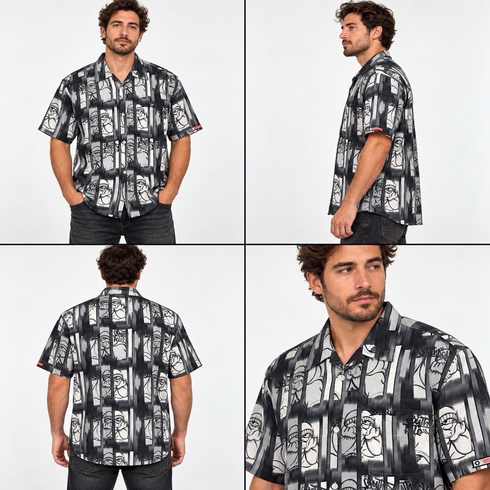 Southpole Button Down Shirt Mens XL Black Gray Cartoon Print Y2K Hip Hop